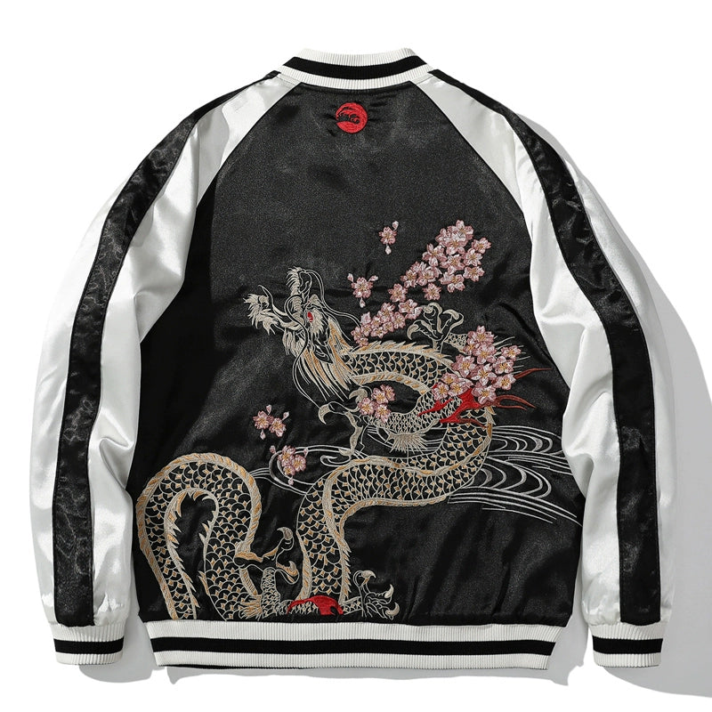 Cherry blossom Dragon Sukajan Souvenir Bomber Jacket (Reverisible