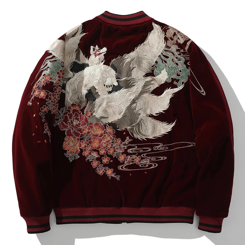 Kitsune 九尾の狐 Sukajan Cotton Souvenir Bomber Jacket (Black Kitsune 九尾の狐 Sukajan Cotton Souvenir Bomber Jacket (Black