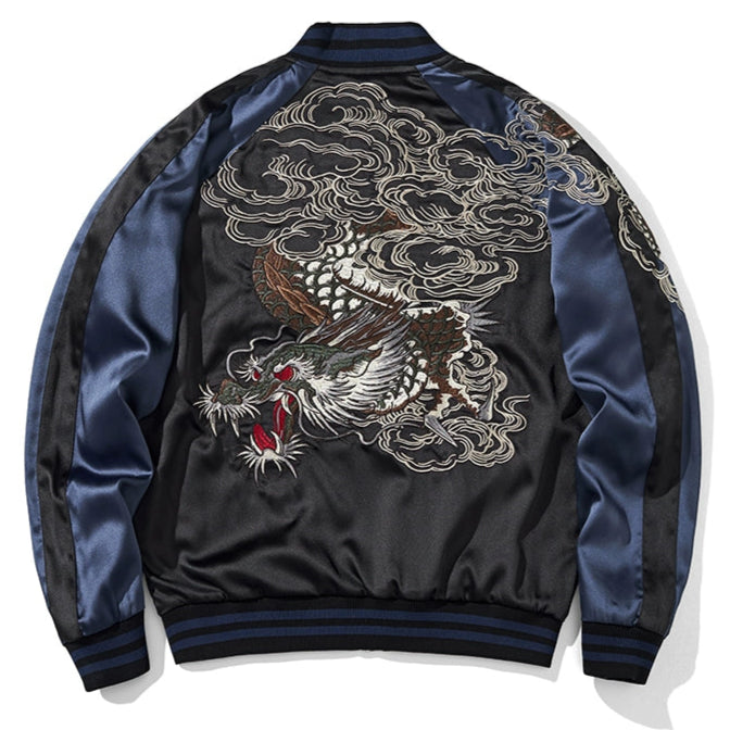 Descending Dragon Sukajan Souvenir Bomber Jacket Blue Back