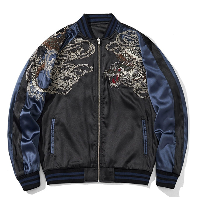 Descending Dragon Sukajan Souvenir Bomber Jacket Blue front
