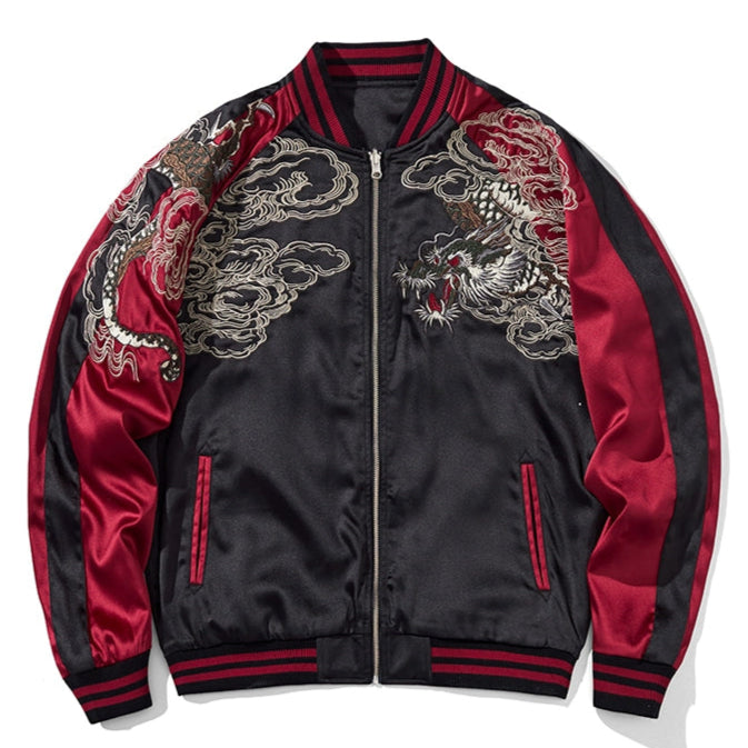 Descending Dragon Sukajan Souvenir Bomber Jacket Red front