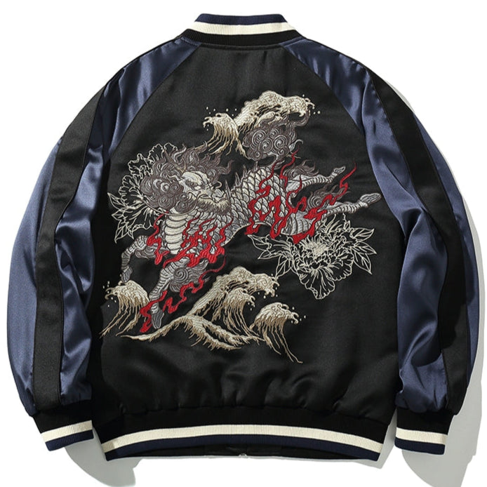 Imperial Kylin Sukajan Souvenir Bomber Jacket Back Blue