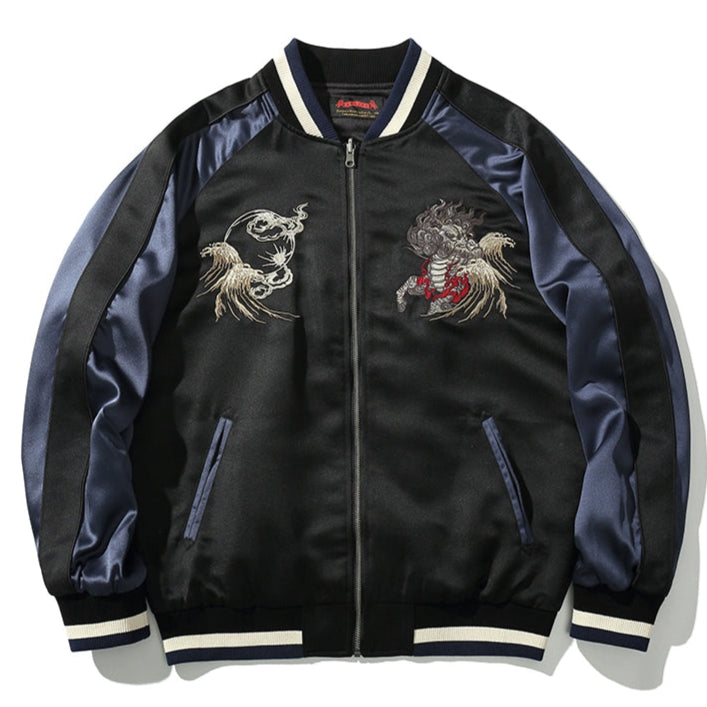 Imperial Kylin Sukajan Souvenir Bomber Jacket front Blue