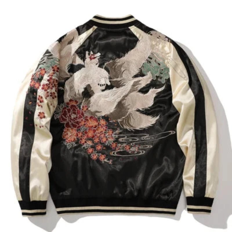 Kitsune 九尾の狐 Sukajan Souvenir Bomber Jacket (White)