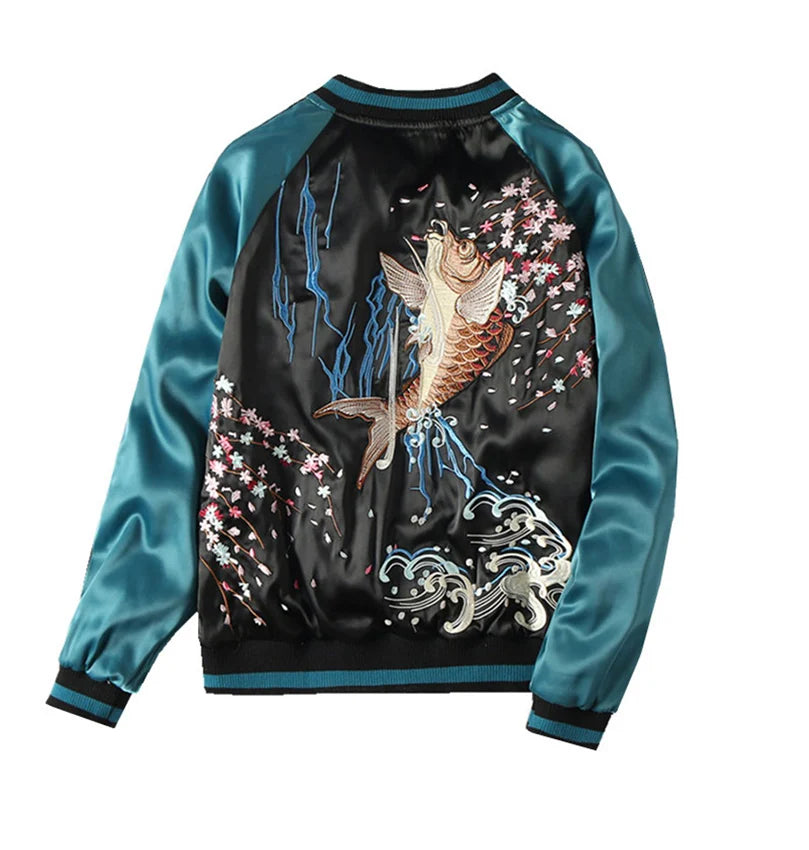 Koi Cascade Sukajan Souvenir Bomber Jacket blue