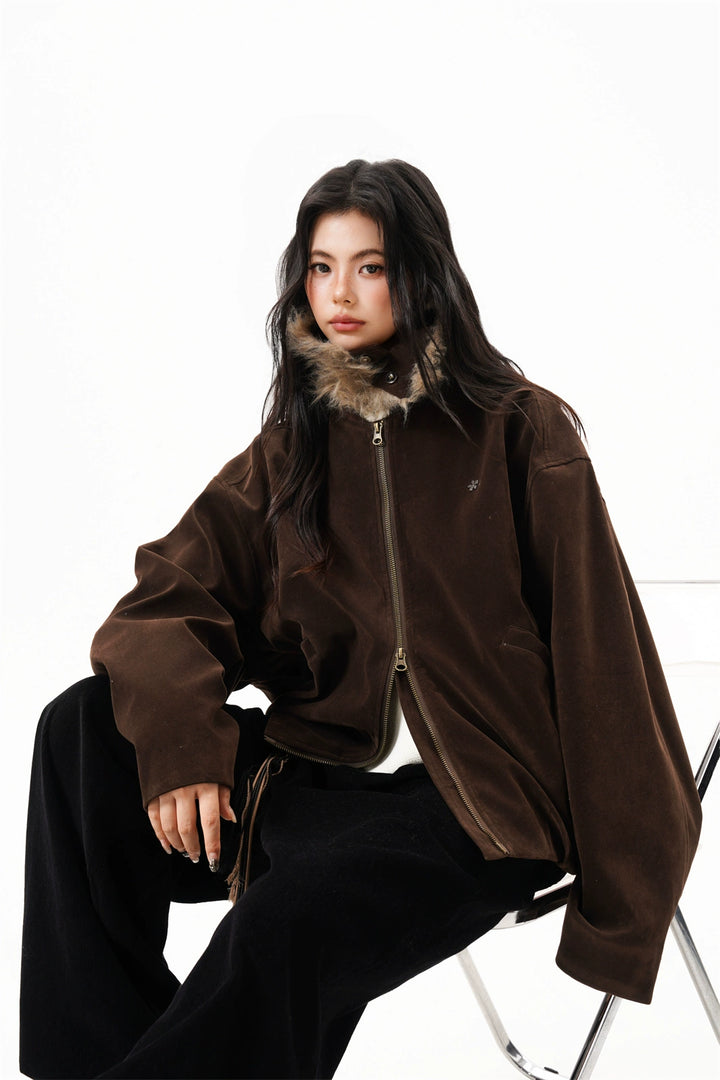 Marron Faux Suede Bomber Jacket