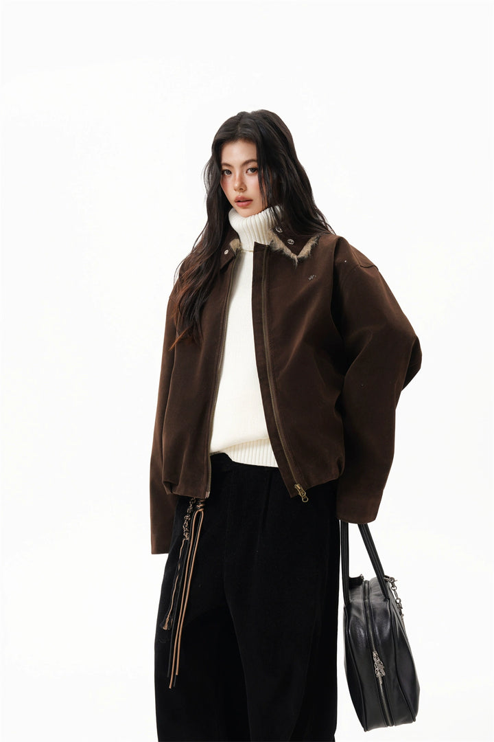 Marron Faux Suede Bomber Jacket