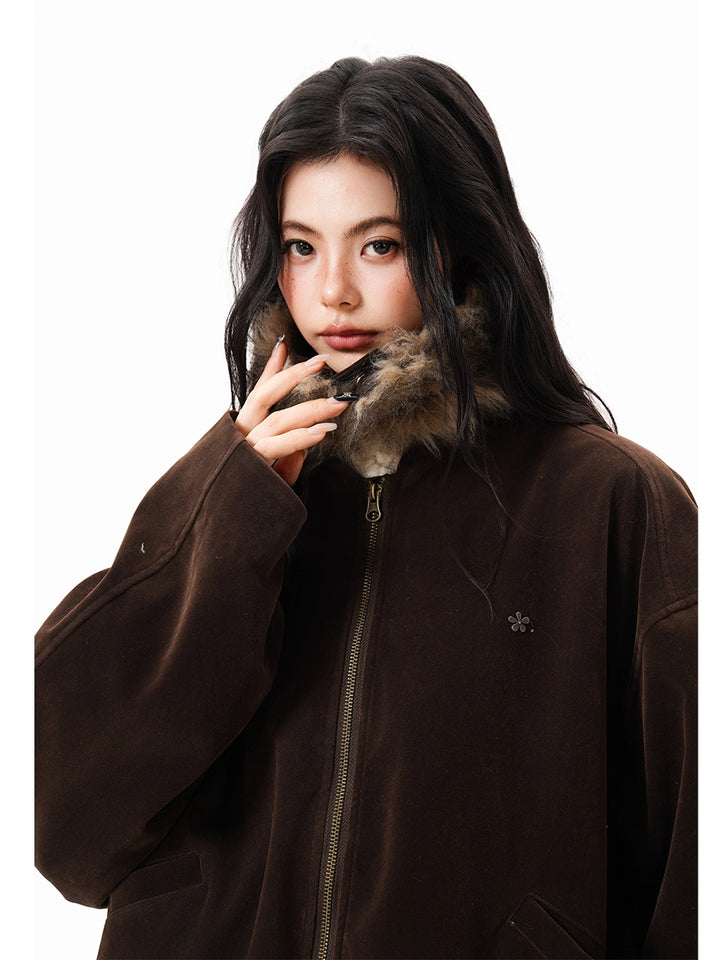 Marron Faux Suede Bomber Jacket