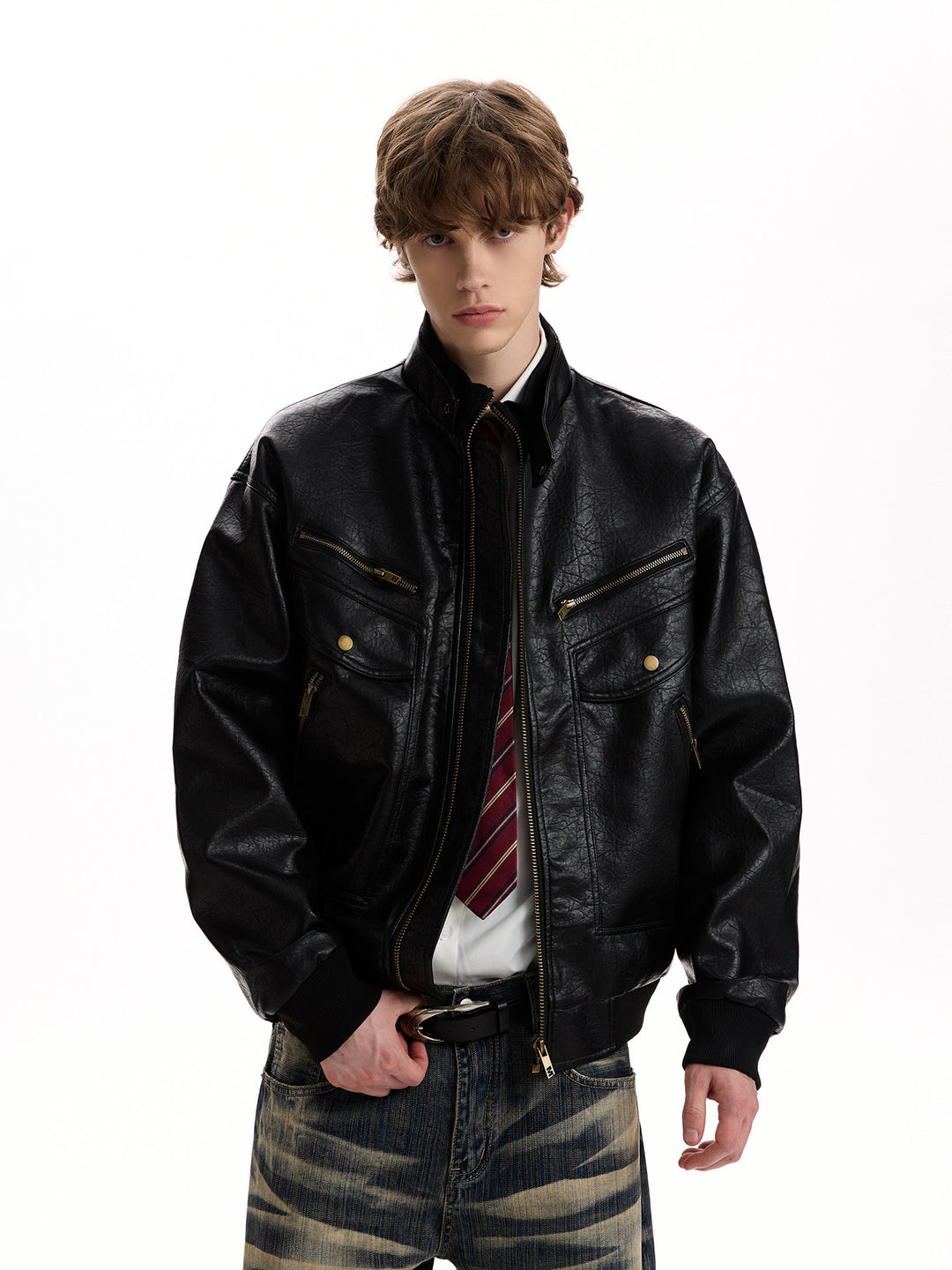 Kurose PU Leather Bomber Jacket
