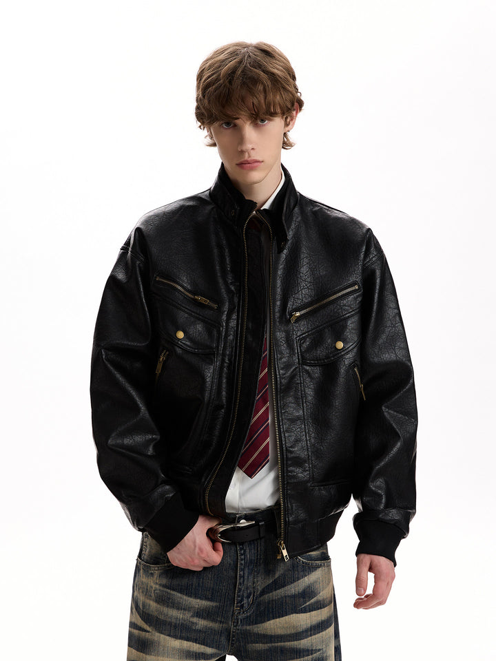 Kurose PU Leather Bomber Jacket