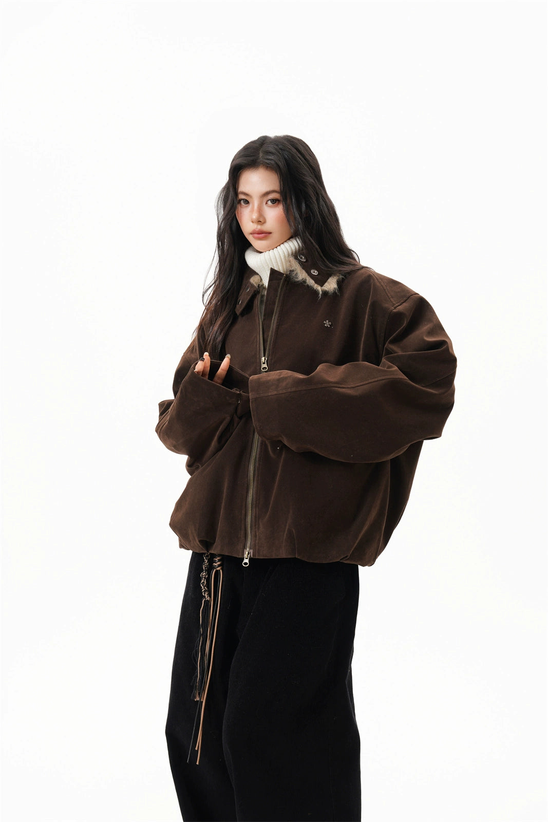 Marron Faux Suede Bomber Jacket