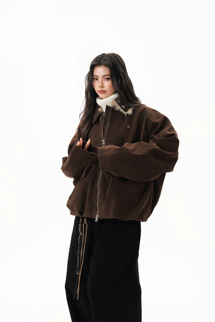 Marron Faux Suede Bomber Jacket