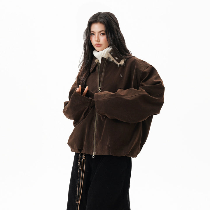 Marron Faux Suede Bomber Jacket