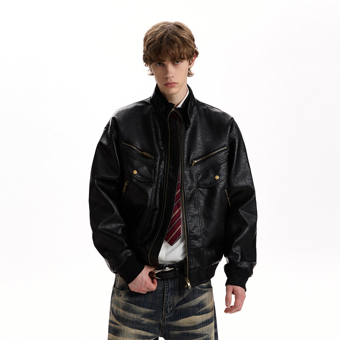 Kurose PU Leather Bomber Jacket