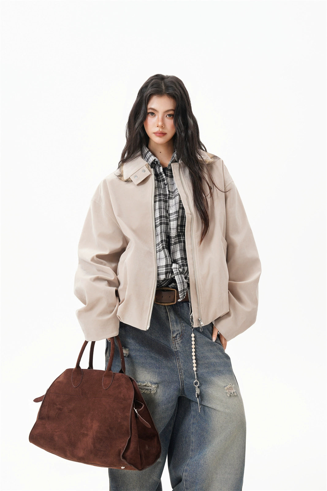 Marron Faux Suede Bomber Jacket