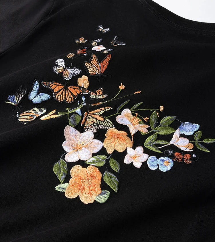 Embroidered Fluttering Blossoms Tee