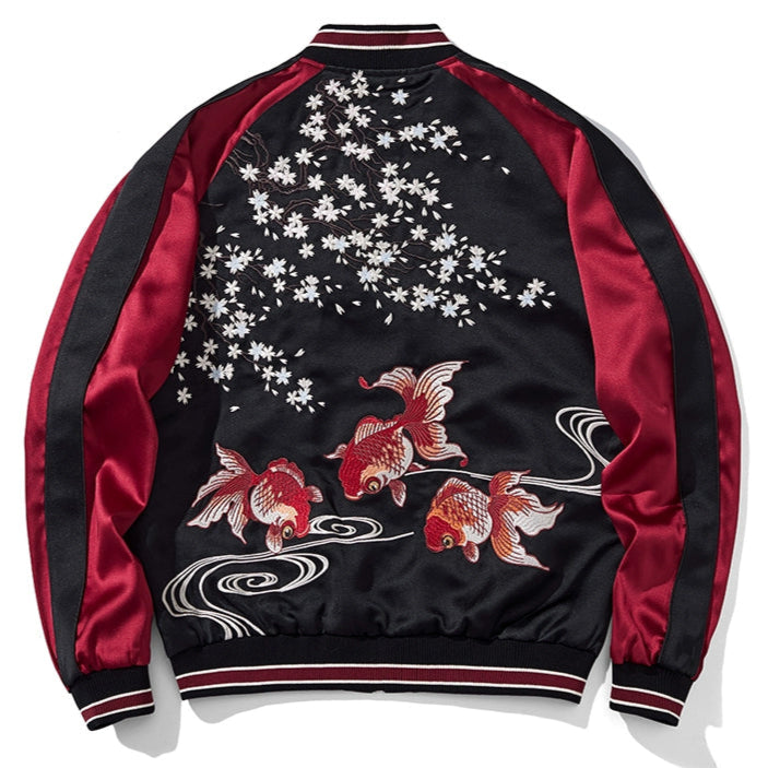 Twin Koi Sakura Sukajan Souvenir Bomber Jacket Red Front