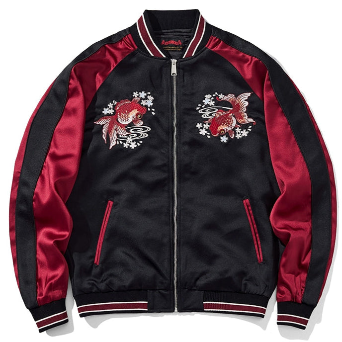 Twin Koi Sakura Sukajan Souvenir Bomber Jacket Red back