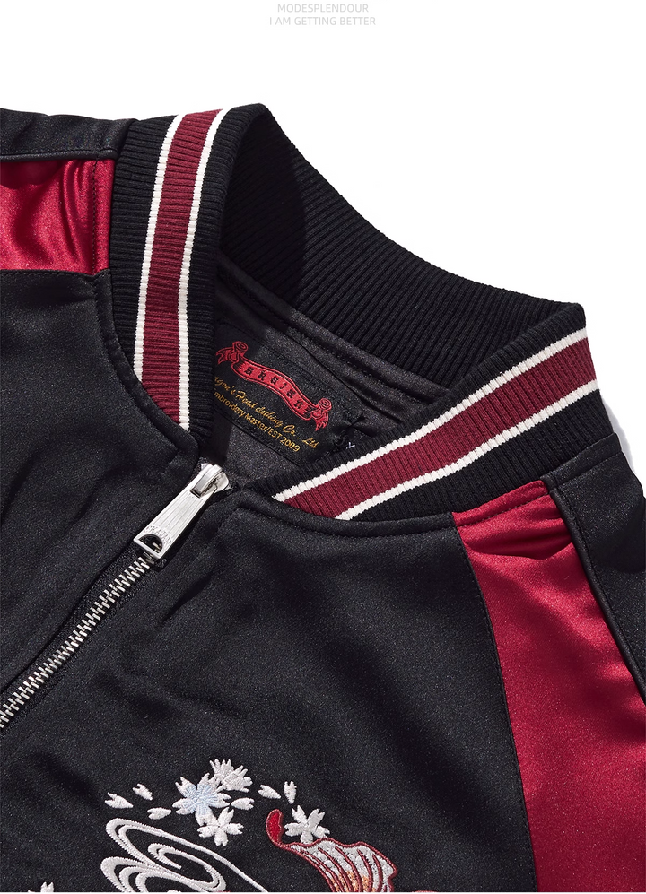 Twin Koi Sakura Sukajan Souvenir Bomber Jacket Red collar