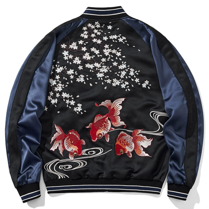 Twin Koi Sakura Sukajan Souvenir Bomber Jacket blue back