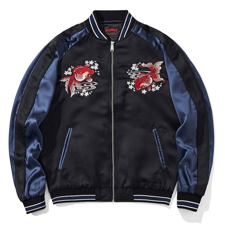 Twin Koi Sakura Sukajan Souvenir Bomber Jacket blue front