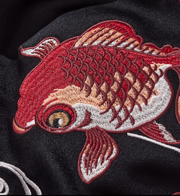 Twin Koi Sakura Sukajan Souvenir Bomber Jacket enlarged logo