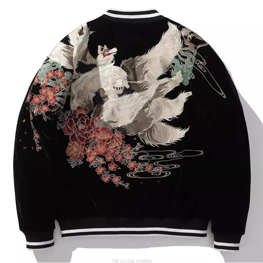 Kitsune 九尾の狐 Sukajan Cotton Souvenir Bomber Jacket (Black Kitsune 九尾の狐 Sukajan Cotton Souvenir Bomber Jacket (Black