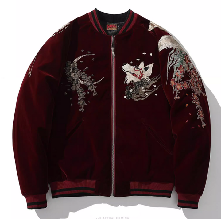 Kitsune 九尾の狐 Sukajan Souvenir Bomber Jacket (Black & Red)