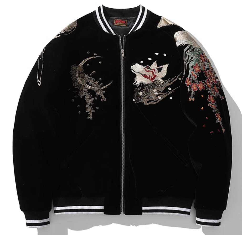 Kitsune 九尾の狐 Sukajan Souvenir Bomber Jacket (Black & Red)