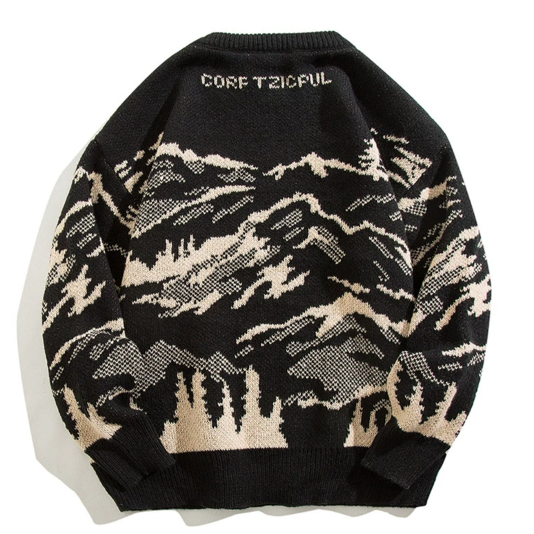 Pull en maille jacquard à col rond et motif paysage