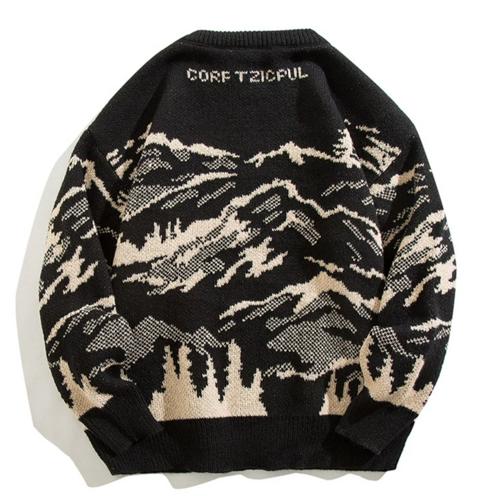 Pull en maille jacquard à col rond et motif paysage