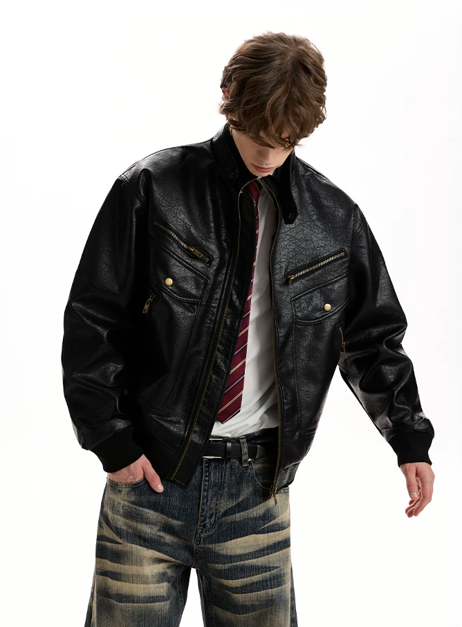 Kurose PU Leather Bomber Jacket